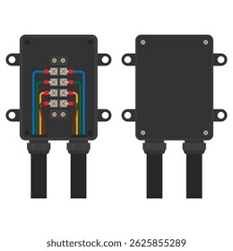 Electrical junction box with neatly connected wires. Vector image for illustrating electrical components, systems, and professional wiring work, appealing to technical and industrial projects