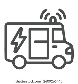 Electrical laboratory car line icon, electrical service concept. Vector graphics. Vehicle with lightning and siren sign on white background, outline style icon for mobile or web design