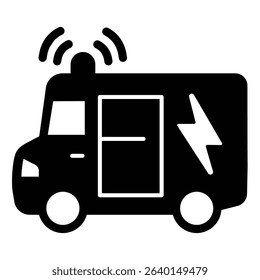Electrical laboratory car solid icon, electrical service concept. Vector graphics. Vehicle with lightning and siren sign on white background, style mobile or design