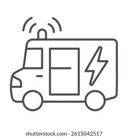 Electrical laboratory car thin line icon, electrical service concept. Vector graphics. Vehicle with lightning and siren sign on white background, outline style icon for mobile or web design