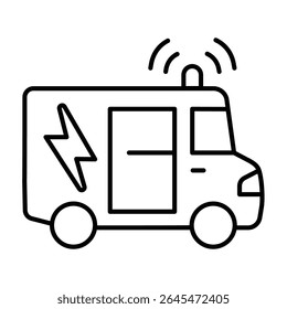 Electrical laboratory car thin line icon, electrical service concept. Vector graphics. Vehicle with lightning and siren sign on white background, style mobile or design