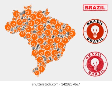 Electrical lamp mosaic Brazil map and rubber round stamp seals. Mosaic vector Brazil map is designed with imagination lamp icons. Abstract images for power supply business. Orange and red colors used.