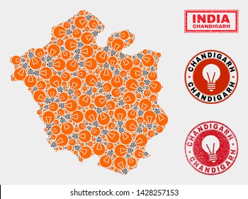 Electrical lamp mosaic Chandigarh City map and grunge rounded stamps. Mosaic vector Chandigarh City map is created with electrical lamp icons. Abstract images for patent services.