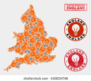 Electrical lamp mosaic England map and rubber round watermarks. Mosaic vector England map is created with electric bulb items. Abstraction for electric services. Orange and red colors used.