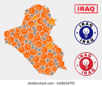 Electrical lamp mosaic Iraq map and rubber rounded stamp seals. Mosaic vector Iraq map is designed with electrical lamp icons. Concept for electric business. Orange and red colors used.