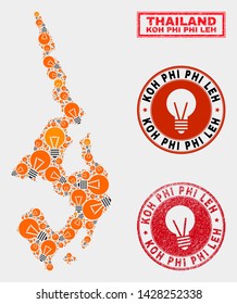 Electrical lamp mosaic Koh Phi Leh map and grunge rounded stamp seals. Mosaic vector Koh Phi Leh map is created with power lamp symbols. Templates for power supply services.