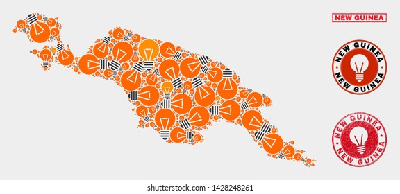 Electrical lamp mosaic New Guinea map and rubber rounded stamps. Mosaic vector New Guinea map is created with electric lamp icons. Abstract images for electric services. Orange and red colors used.