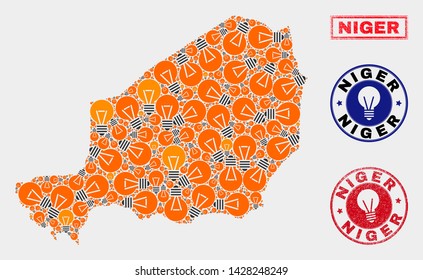 Electrical lamp mosaic Niger map and rubber round stamps. Collage vector Niger map is composed with electrical lamp elements. Abstract images for power supply business. Orange and red colors used.