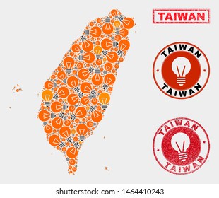 Electrical lamp mosaic Taiwan map and rubber round seals. Mosaic vector Taiwan map is created with electrical lamp items. Concept for innovation business. Orange and red colors used.