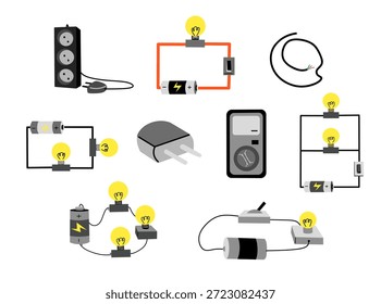 Conjunto de ilustración de componentes y diagrama de circuito de iluminación eléctrica