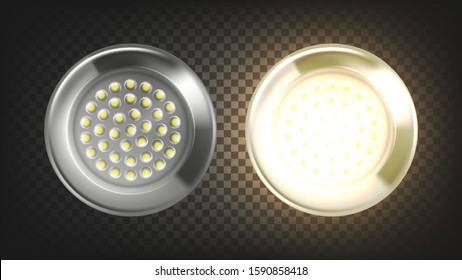 Electrical Lighting Led Light Lamp Panel Vector. Energy-saving Eco-friendly Lamp Innovation Technology With Metallic Round Frame. Office Illuminate Device Layout Realistic 3d Illustration