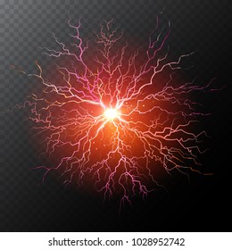 Electrical lightning bolt isolated on dark half transparent background. Abstract scientific electic background. Vector illustration for your graphic design.