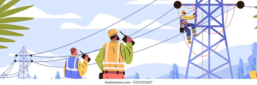Electrical linemen working on power lines teamwork safety equipment outdoor utility tower blue sky landscape