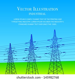 Electrical lines and pylons with blue sky. Vector illustration.