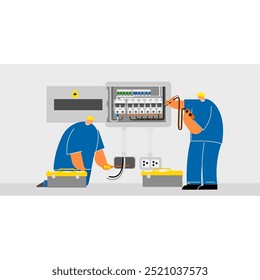 El carácter de dibujos animados de mantenimiento eléctrico sobre fondo aislado.