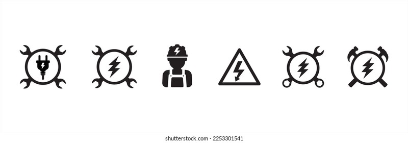 Electrical maintenance icon set. Electricity installation work sign vector set. Electric sign collection. Contains symbol of repairman, electrician, high voltage radiation warning, wrench and hammer.