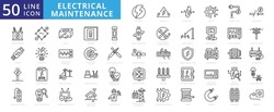 Electrical maintenance icon set with voltage, current, resistance, circuit, conductor, insulator, transformer, clamp and sign.