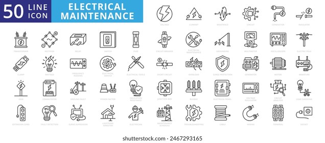 Electrical maintenance icon set with voltage, current, resistance, circuit, conductor, insulator, transformer, clamp and sign.