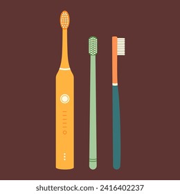 Cepillo de dientes eléctrico y manual. Herramientas de limpieza dental. Ilustración plana vectorial aislada de la salud de los dientes