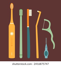 Electrical and manual toothbrush, interdental brush, single tuft toothbrush and dental floss. Flat vector isolated illustration