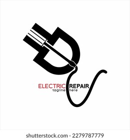 Electrical mechanic logo design. Illustration of plug with cable and screwdriver on negative space.