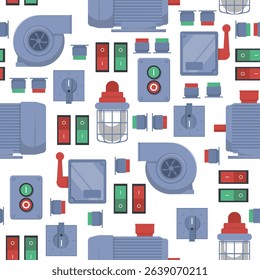 Electrical mechanisms seamless pattern. Motor equipment. Lever switch. Engine buttons. Repeated print. Industrial fan and lamp. Compressor technology. Machinery toggle