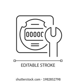 Electrical meter repair linear icon. Clock-like device installation. Energy meter maintenance. Thin line customizable illustration. Contour symbol. Vector isolated outline drawing. Editable stroke