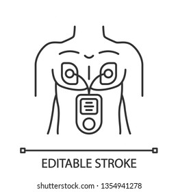 Electrical muscle stimulator linear icon. Heart rate monitor, diagnosis. Myostimulation. EMS medical device. Thin line illustration. Contour symbol. Vector isolated outline drawing. Editable stroke