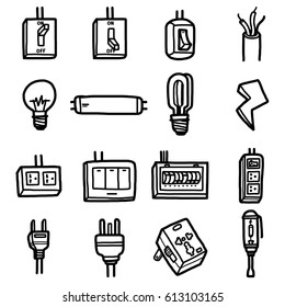 electrical objects, icons set / cartoon vector and illustration, hand drawn style, black and white, isolated on white background.