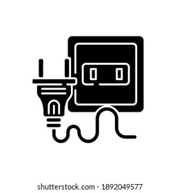 Electrical outlet black glyph icon. Socket for power generation. Appliance wire connection to electricity. Voltage for household devices. Silhouette symbol on white space. Vector isolated illustration