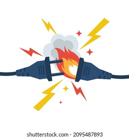 Electrical outlet is burning. Fire wiring. Turns off the burning outlet. Faulty damaged cable. Safety concept. Vector illustration flat design. Short circuit electrical circuit. Broken connection.