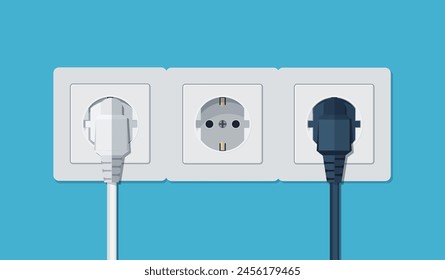 Electrical outlet and hand with plug. Electrical components. Wall socket with cable. Vector illustration in flat style