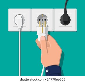 Electrical outlet and hand with plug. Electrical components. Wall socket with cable. Vector illustration in flat style