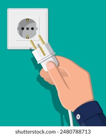 Electrical outlet and hand with plug. Electrical components. Wall socket with cable. Vector illustration in flat style