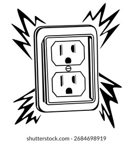 Illustration der Steckdose, umgeben von dynamischen Energieleitungen, die Strom und Strom symbolisieren