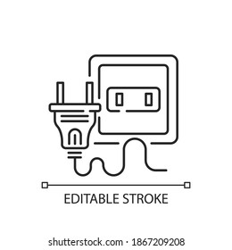 Electrical outlet linear icon. Socket for power generation. Voltage for household devices. Thin line customizable illustration. Contour symbol. Vector isolated outline drawing. Editable stroke