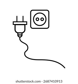 Uma tomada elétrica e o contorno de um plugue que vem em sua direção são exibidos com um contorno preto em um pano de fundo branco.