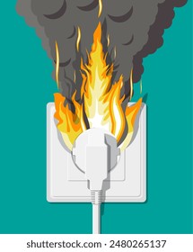 Electrical outlet with plug on fire. Overload of network. Short circuit. Electrical safety concept. Wall socket in flames with smoke. Vector illustration in flat style