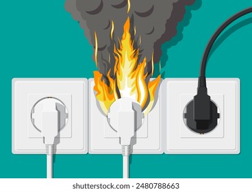 Electrical outlet with plug on fire. Overload of network. Short circuit. Electrical safety concept. Wall socket in flames with smoke. Vector illustration in flat style