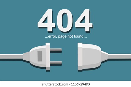 Electrical outlet and plug unplugged. 404 error, page not found, connection error or time out. Vector illustration in flat design.