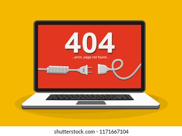 Electrical outlet and plug unplugged. 404 error, page not found, connection error or time out on laptop. Vector illustration in flat design.