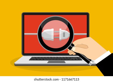 Electrical outlet and plug unplugged. 404 error, page not found, connection error or time out on laptop. Vector illustration in flat design.