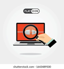 Electrical outlet and plug unplugged. 404 error, page not found, connection error or time out on laptop. Vector illustration in flat design.