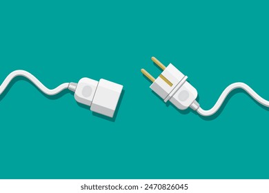 Electrical outlet and plug unplugged. 404 error, page not found, connection error or time out. Vector illustration in flat design.