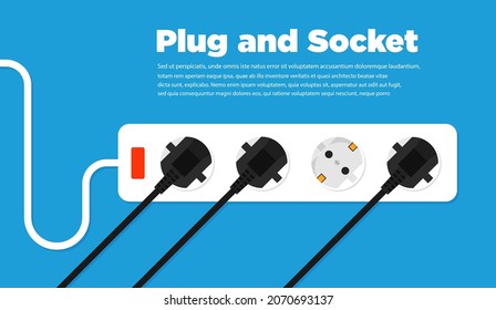 Salida eléctrica y enchufes en icono de estilo plano. Ilustración del vector