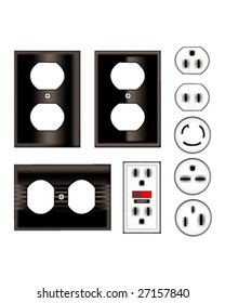 Electrical outlets and faceplates in shiny black - vector set