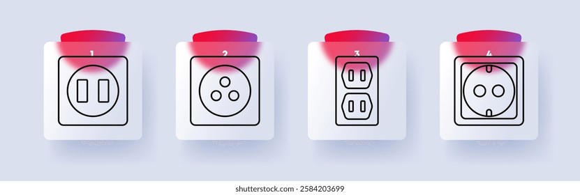 Electrical outlets set icon. Power sockets, electrical plugs, energy connection, home appliances, charging system, voltage supply, international standards, safety