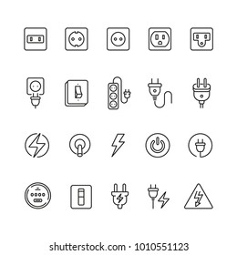 Electrical outlets and switches: thin vector icon set, black and white kit
