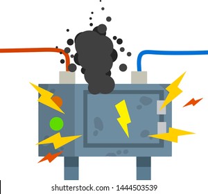 Electrical panel. Broken switchboard. Danger sign. Wire under tension. Short circuit, spark and lightning. Damaged equipment. High voltage. overload of the system. Cartoon flat illustration