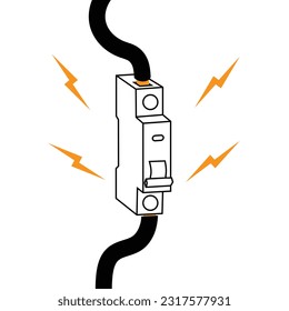 Electrical panel. Broken switchboard. Danger sign. The wire under tension.  Short circuit, red flame and fire. Circuit breaker. overload of the system. Cartoon flat illustration. Damaged equipment